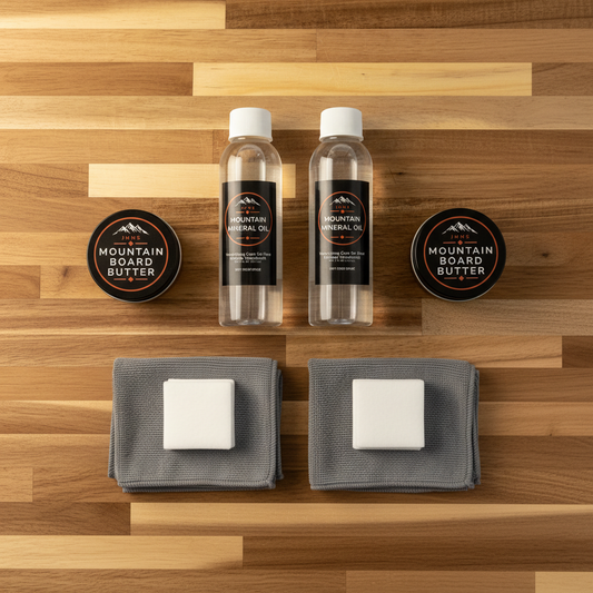 JMMS Mountain Care Kit Double — two mineral oil bottles, two board butter tins, square applicator pads, and grey microfiber cloths on natural wood surface