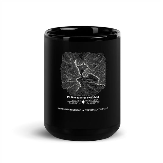 JM Mountain Studio black glossy ceramic mug featuring a white topographic map print of Fisher's Peak, Colorado.
