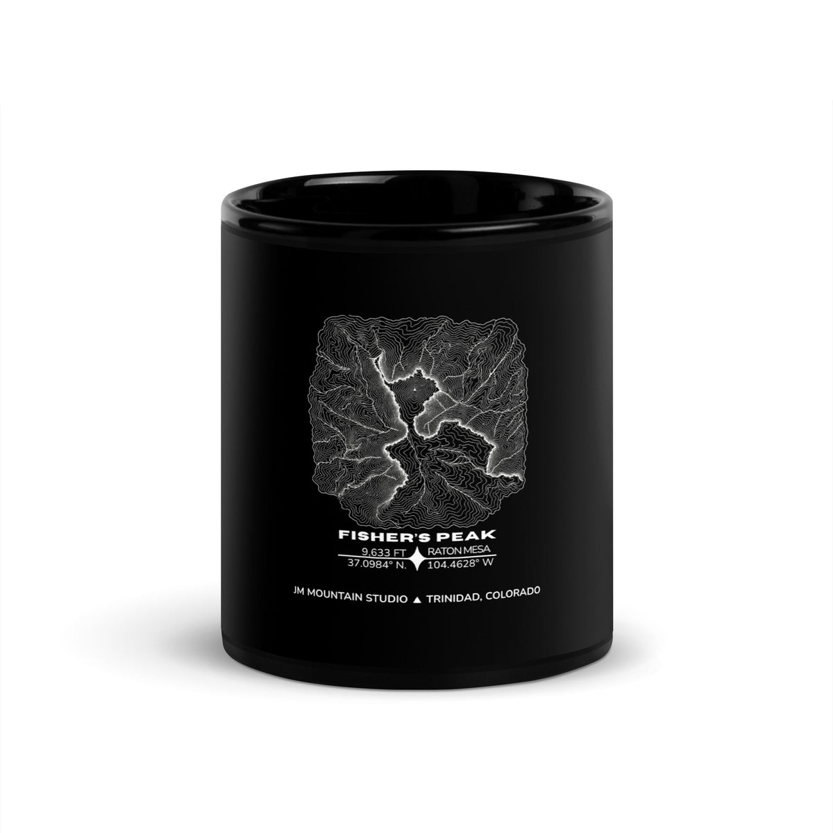 JM Mountain Studio black ceramic mug with white Fisher's Peak topographic map print and glossy finish
