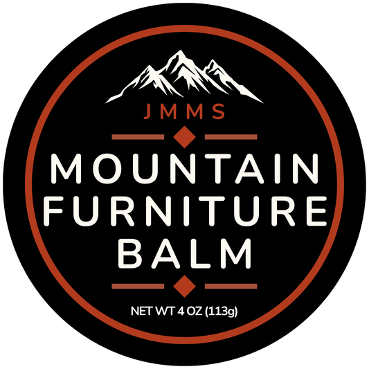 JMMS Mountain Furniture Balm — front label with mountain badge, NET WT 4 OZ (113g)