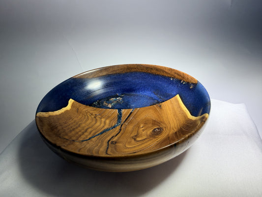 Come Together bowl, three-quarter view of blue epoxy and figured wood
